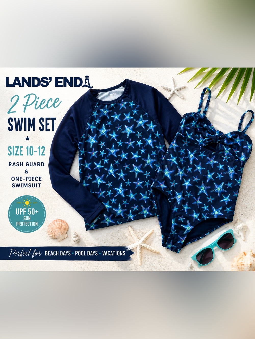 Lands' End Girls 2 Pc Rash Guard Swimsuit Set Starfish Print Navy UPF‎ 10-12